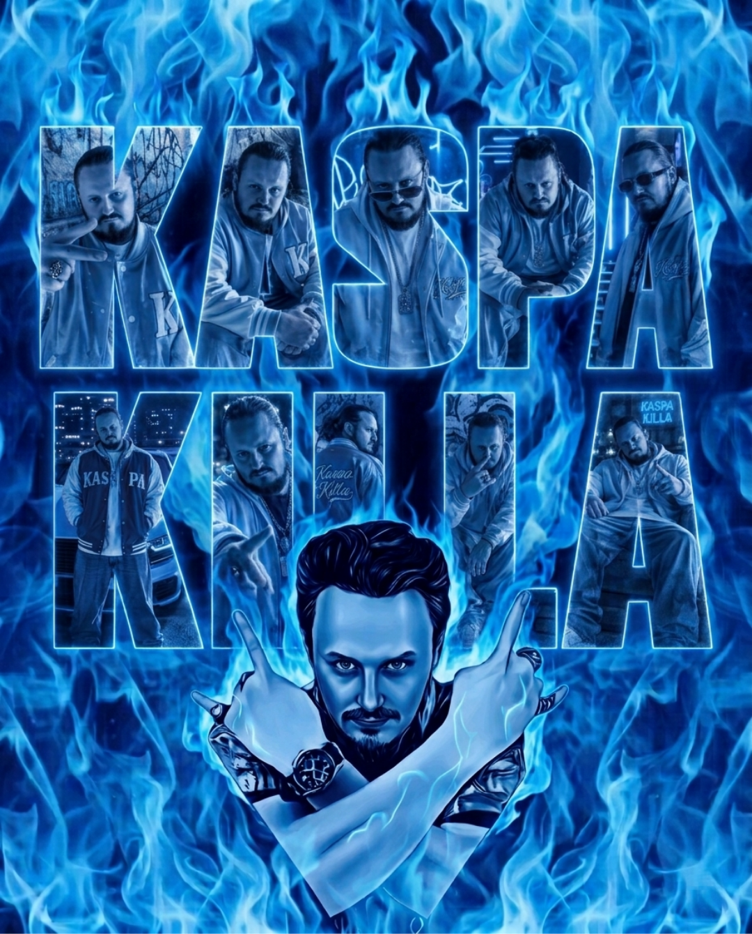 The Kaspa Killa blue-fire poster with artist portraits filling the title letters